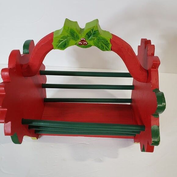 CUTE Little Red Christmas Poinsettia Wooden Basket Decor Holiday Handle Caddy - Picture 4 of 9